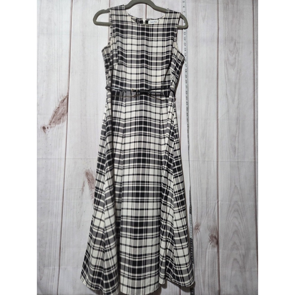 Calvin Klein Dress Womens 6 Black White Plaid Sleeveless Midi A-Line Back Zip